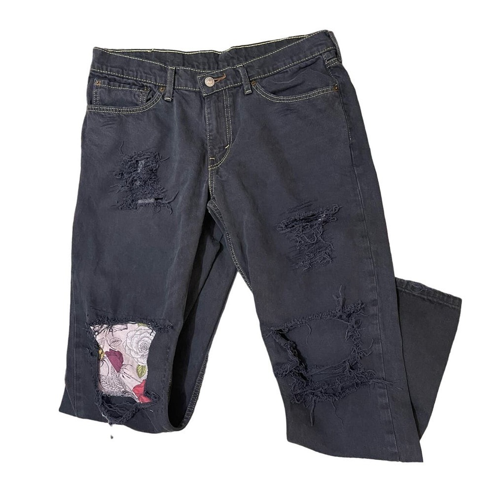 Levi Strauss & Co Womens Upcycled Jeans Dark Navy‎ Patches Distressed